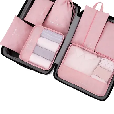 Valise rose pour femmes ensemble de 7 pièces organiseur de voyage pour vêtements chaussures sacs