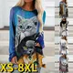 T-shirt imprimé chat pour femme col rond en Y manches longues pull grande taille t-shirt