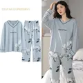 Pyjama Élégant en Coton à Motif Floral pour Femme Ensemble de Nuit Décontracté Pantalon à