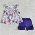 Vêtements d'été pour enfants vêtements d'été pour bébés filles bleu fleuri sans manches poches