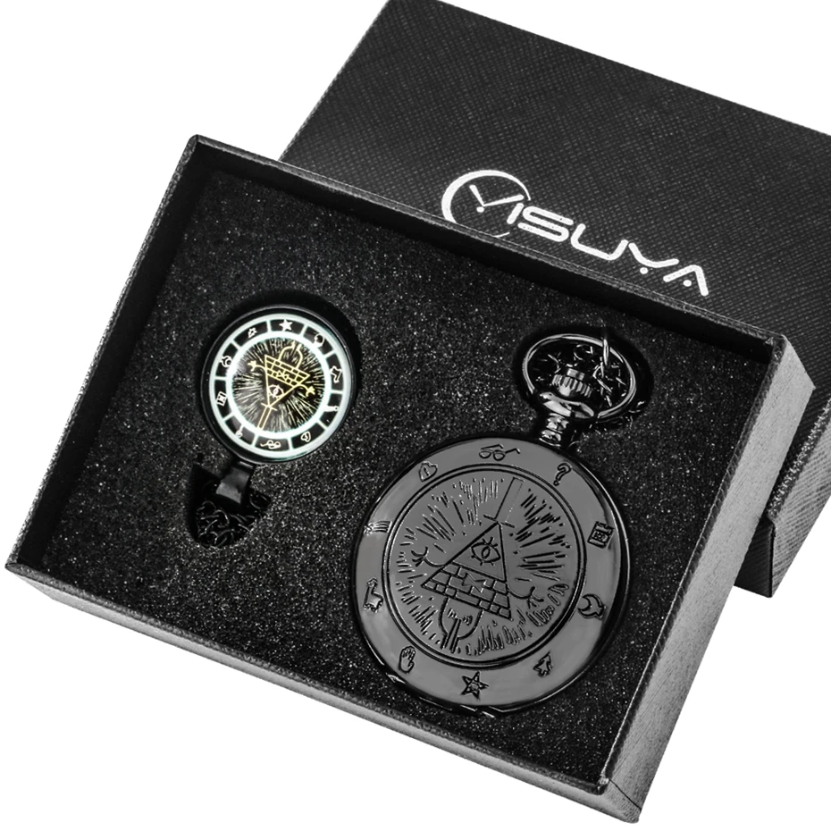 Montre de poche Triangle noire à Quartz, coffret cadeau avec cadran de facture par gravité, collier de gemme, pendentif, coffret cadeau