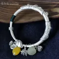 Bracelet en argent pur rétro ethnique fleuri cire d'abeille jade typofoot push-pull mère épais