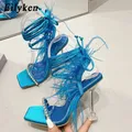 Eilyken-Sandales à lacets en plumes biscuits pour femmes chaussures à talons hauts croisées sexy