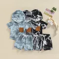 2Pcs Baby Boys Clothes Set Boys Contrast Color Short Sleeve Hooded Pullover Tops Drawstring Shorts