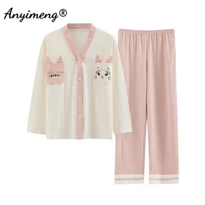 Ensemble pyjama chat rose pour femme vêtements de nuit décontractés manches longues col en V