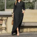 Robe chemise à col rabattu pour femme manches 3/4 deux poches simple boutonnage robe maxi en