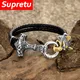 Bracelet tête de loup Vibasin classique pour hommes bracelet en cuir véritable acier inoxydable