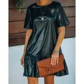 Robe en similicuir PU noir pour femme manches courtes volants adt mini robes élégantes vêtements