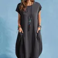 Robe d'été style boho pour femmes couleur unie style bohème manches courtes droite poche mini