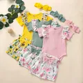 Children Baby Girls Short Sleeve Romper+shorts+bow Headband Newborn Baby Girl Flower Print Ruffle