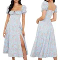 Robe longue fendue à imprimé floral pour femmes col carré manches courtes dos nu été