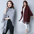 ZJZLL-Capes en laine multicolore avec broderie de perles brillantes pour femmes poncho chaud avec