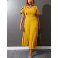 Robe Midi Plissée à Manches Courtes et Volants pour Femme Tenue Élégante de Couleur Verte et Jaune