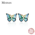 MODIAN-Boucles d'oreilles papillons en émail bleu pour femme bijoux fins jolis clous d'oreille en