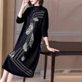 Robe mi-longue noire chic à manches longues pour femmes pull vintage coréen robe de soirée