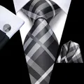 Cravate de mariage en soie à carreaux noir et blanc pour hommes boutons de manchette pratiques