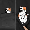 HX Animaux Chat Poche T-shirt Drôle Doigt Moyen Chat Poitrine Imprimé Tees Harajuku Hommes Femmes