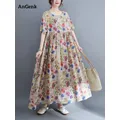 Robe longue décontractée en coton à manches courtes pour femmes robes vintage à imprimé floral