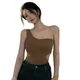 Women One Shoulder Padded Camisoles Solid Color Base Shirt Sleeveless Tank Top Hollow Out Pullover