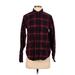 Uniqlo Long Sleeve Button Down Shirt: Collared Covered Shoulder Burgundy Plaid Tops - Women's Size Small