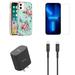 Accessories Bundle Pack for iPhone 14 Pro Max Case - Heavy Duty Case (Pretty Floral Teal) Screen Protectors UL Listed PD Wall Charger USB Type-C to MFI Lightning Cable