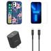 Accessories Bundle Pack for iPhone 14 Case - Heavy Duty Case (Pink Flower on Navy Blue) Screen Protectors UL Listed PD Wall Charger USB Type-C to MFI Lightning Cable