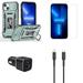 Accessories Bundle Pack for iPhone 14 Plus Case - Rugged Camera Protection Stand Cover (Alpine Green) Screen Protectors 30W Dual Car Charger USB-C to MFI Certified Lightning Cable