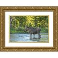 Illg Cathy and Gordon 18x13 Gold Ornate Wood Framed with Double Matting Museum Art Print Titled - CO Rocky Mts Male moose crossing Colorado River