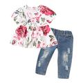 Toddler Pants Baby Girls Jean Clothes Crop Tops+Hole Kids Denim Floral Sets Girls Outfits Set Clothes for Baby Girl Baby Girl Clothes for Women Take Home Outfit Little Girl Babies Long Sleeve