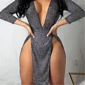 Mini robe de soirée sexy pour femme col en V profond manches longues bandage tambour couleur