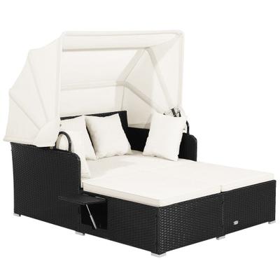 Costway Patio Rattan Daybed with Retractable Canopy and Side Tables-Off White