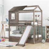 Twin Over Twin Bunk Bed with Two Storage Drawers and Slide, House-Shaped Wood Bunk Bed