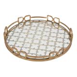 Sui 16 Inch Round Serving Tray, Glass Bottom and Gold Geometric Frame