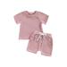Diconna Baby Boys Girls Summer Outfits Short Sleeve Waffle Knit T-Shirt + Knot Front Shorts Kids Clothing Set Pink 18-24 Months