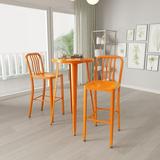 Merrick Lane 3 Piece Outdoor Dining Set in Orange with 24 Round Table and 2 Slatted Back Bar Stools with Footrests