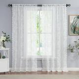 Bazaahm White Lace Sheer Curtain Panels for Living-Room Rose Floral Embroidery Draperies for Farmhouse Rod Pocket 95 L x 55 W x 2 pcs