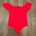 J. Crew Tops | J. Crew G5501 Fire Red Off-The-Shoulder Ruffle Bodysuit Size Large | Color: Black/Red | Size: L