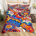 Homewish Hippie Floral Bedding Set Double For Girls Teen Women,Psychedelic Flowers Comforter Cover Colorful Blossom Duvet Cover Retro Trippy 60S 70S Quilt Cover 2 Pillow Cases Bedroom Decor