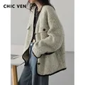 CHIC VEN Women's Woolen Coat Heavy Industry Down Jacket Vintage V-Neck Woman Down Coat Female Tops