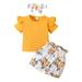 Kucnuzki 2T Toddler Girl Summer Outfits Shorts Sets 3T Short Sleeve Solid Color Pit Stripe Cozy Tops Elastic Heart Prints Cozy Shorts 2PCS Set Yellow