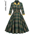 Robe Rockabilly à carreaux de style anglais robe à col rabattu manches 3/4 rétro vintage vert