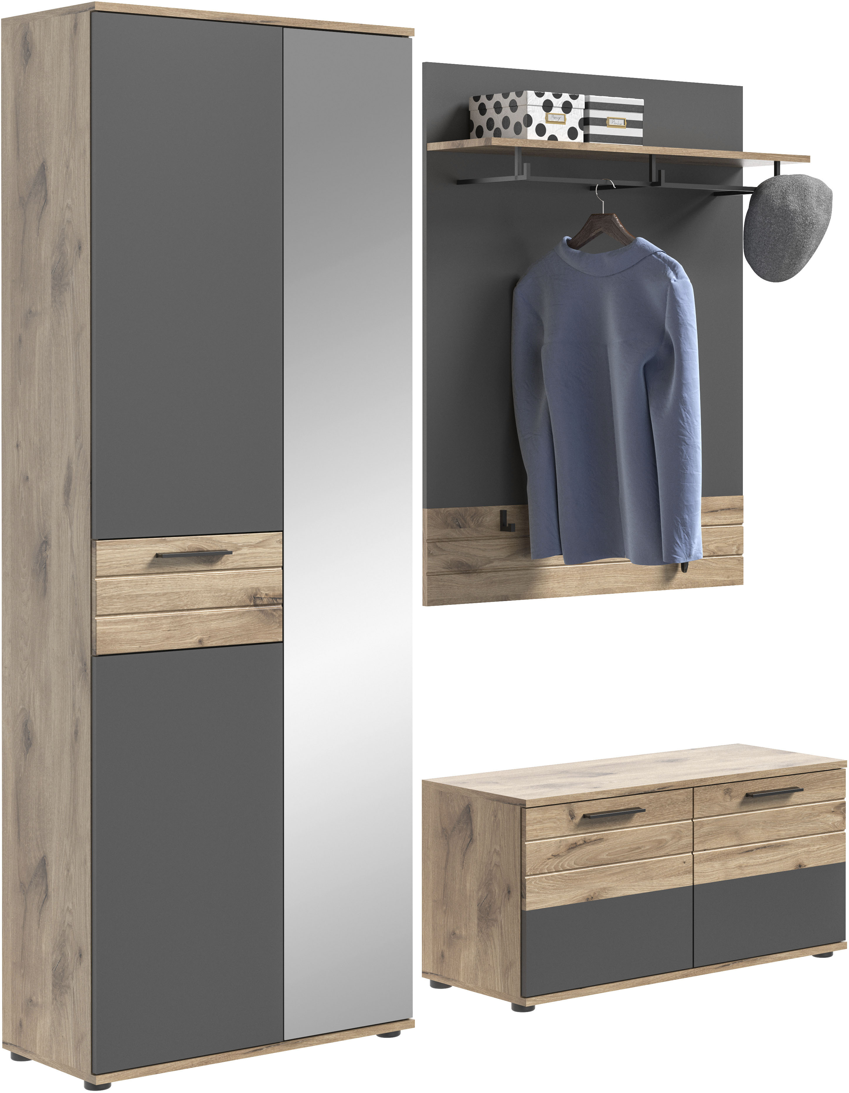Garderoben-Set INOSIGN "Riga, Breite 175 cm, hochwertige Rillenfräsung, 3-teilig, best. aus:", grau (nox oak nb, basalt grau nb, nox oak mdf tz), B:175cm H:200cm T:38cm, Kastenmöbel-Sets, Garderobenschrank, Sitzbank, Paneel