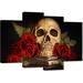 Trinx 4 Panel Red Rose Skull Canvas Wall Art Abstract Flower Human Skeletons Vintage Books Halloween Picture Art | 32 H x 48 W in | Wayfair