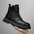 Bottines en cuir véritable pour homme bottes de moto noires montantes chaudes pour l'extérieur