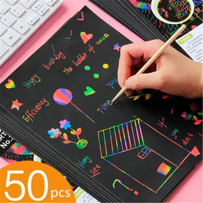 Papier à gratter magique arc-en-ciel pour enfants 50 pièces 32K noir jouet de dessin pour