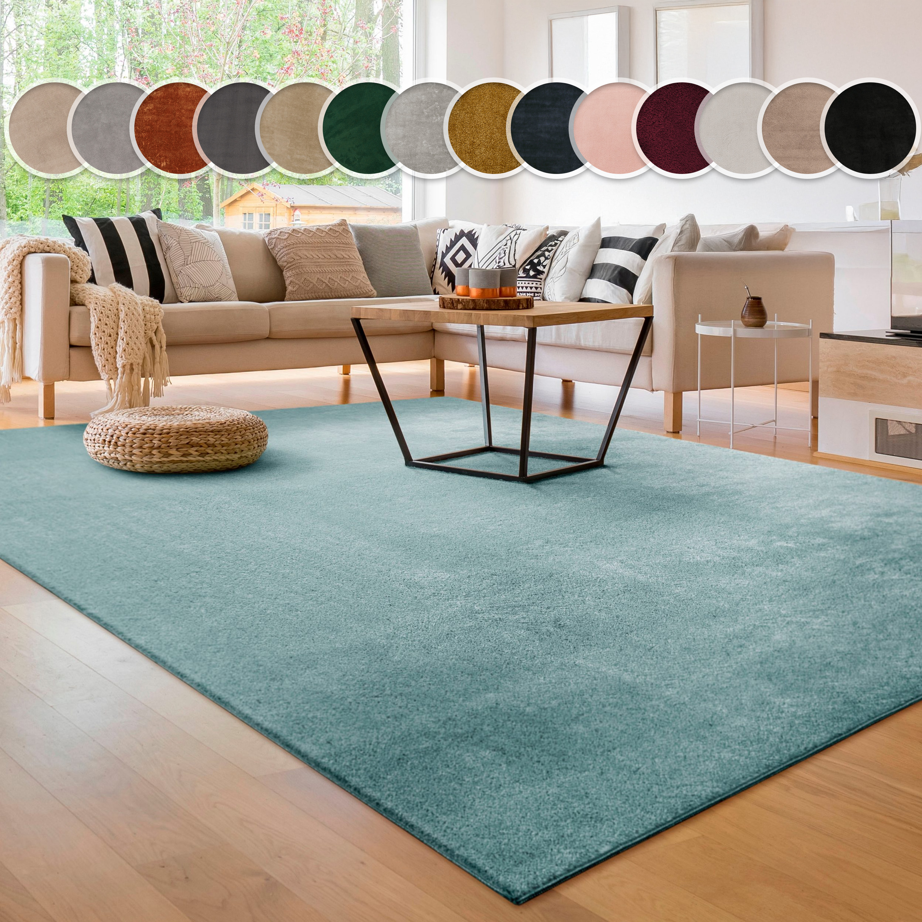 Teppich PACO HOME "Cadiz 630", blau (türkis), B:240cm H:14mm L:340cm, Polyester, Teppiche, Teppich, Uni-Farben, besonders weich, waschbar, auch als Läufer erhältlich Image