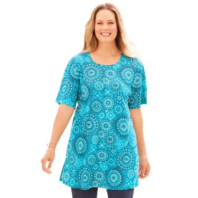 Plus Size Women's Easy Fit Short Sleeve Scoopneck Tunic by Catherines in Vibrant Turq Medallion (Size 2X)