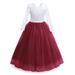 IBTOM CASTLE Flower Girls 3/4 Sleeve Deep V-Back Tulle Vintage Lace Wedding Party Long Dress Princess Communion Pageant Maxi Gown 3-4 Years Wine Red