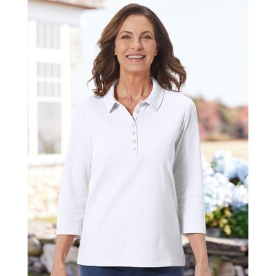 Appleseeds Women's Essential Cotton Solid Three-Quarter-Sleeve Polo - White - PXL - Petite