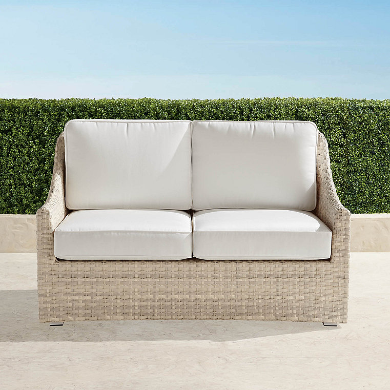 Ashby Loveseat with Cushions in Shell Wicker - Sunbrella Rain, Rain Resort Stripe Indigo - Frontgate